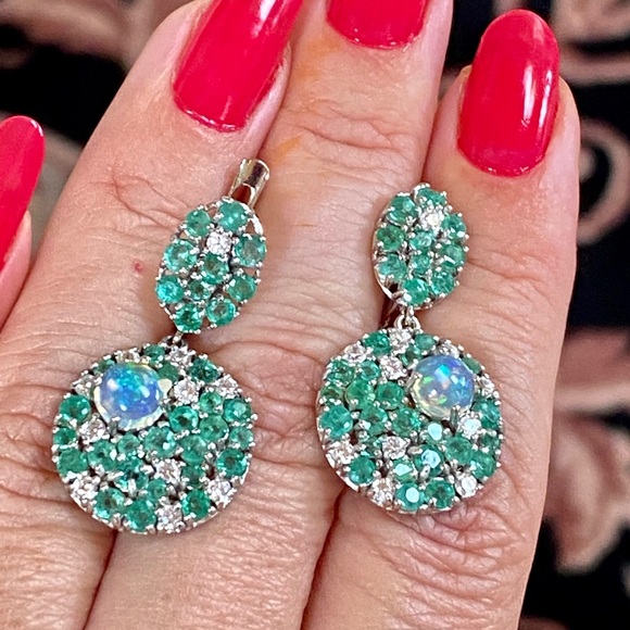 Fascinating Genuine Emerald Fire Opal Earrings - Picture 10 of 17